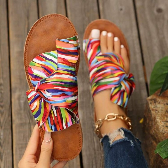 Rainbow Bow Tie Striped Women's Sandals - Picture 3 of 5
